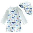 thumbnail image 1 of Zanarzt Toddler Baby Boy Rashguard Sunsuit Toddler Baby Boy Rash Guard Swimsuit Zipper Swimwear Bathing Suit with Sun Hat White,12-18 Months, 1 of 7