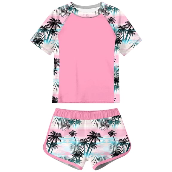 Zanarzt Toddler Baby Girl Rashguard Sets Childrens Printed Swimsuit Beach Shorts Surfing Short Sleeve Swimsuit for Girls Light Pink,18-24 Months