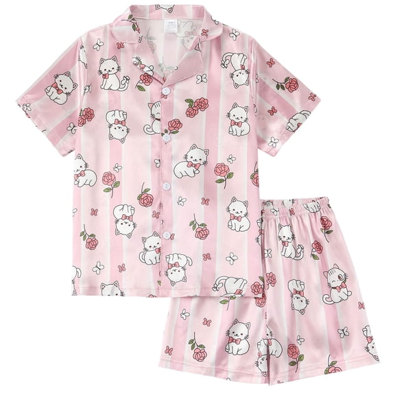 Zanarzt Toddler Baby Girl Satin Pajamas Set Childrens Comfortable Breathable Short Sleeve Home Clothes Cute Cartoon Pattern Pajama Set Pink,6-7 Years