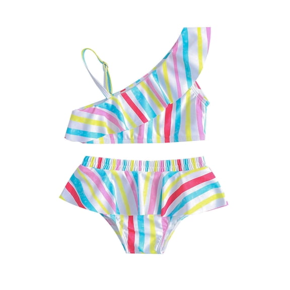 Splozh Toddler Baby Girl Swimsuit Summer Toddler Girls Striped Printed Ruffles Two Piece Swimwear Swimsuit Bikini White,2-3 Years