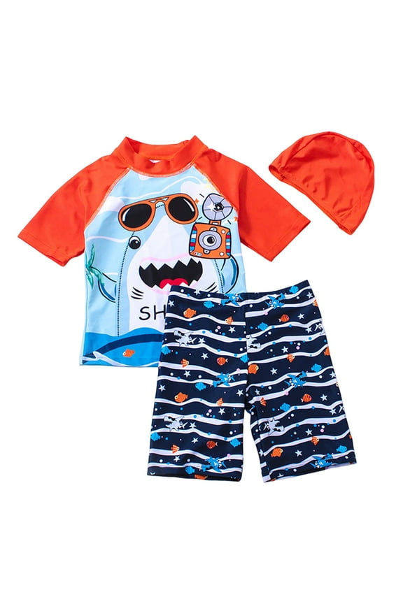 Toddler Boy Bathing Suit with Hat Toddler Boy Swimsuit 3 Piece Boys Swim Set Short Sleeve Boys Swim Shirt Boys Swim Trunks Rash Guard Bathing Suits Orange,6-7 Years