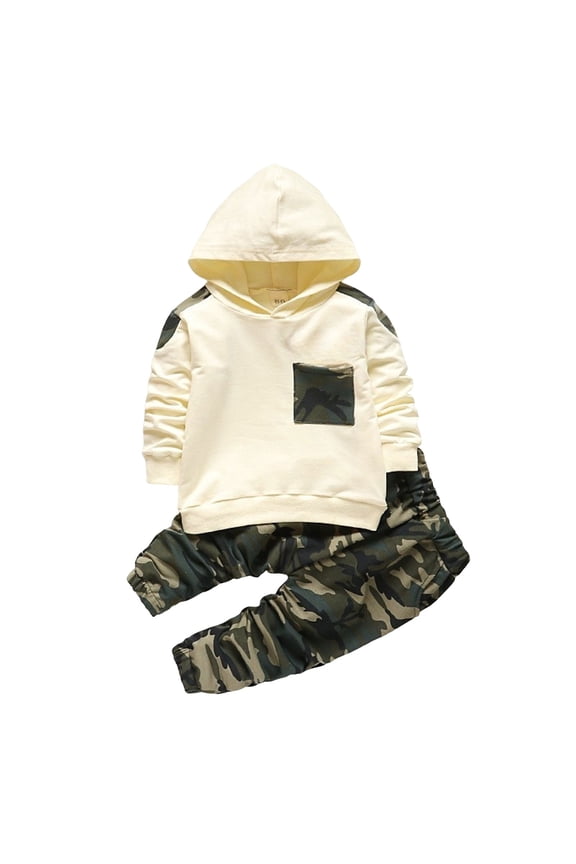 Toddler Boy Fall Winter Clothes Boys Simple Long Sleeve Hoodie Camo Pants Fashion Casual Two Piece Set White,6-12 Months