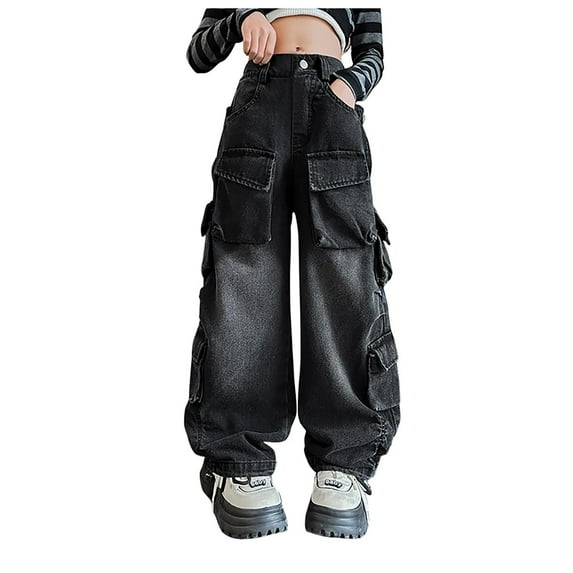 Zanarzt Baggy Jeans for Girls Baggy Jeans Streetwear Denim Cargo Pants Distressed High Waist Wide Leg Clothes Black,8-9 Years