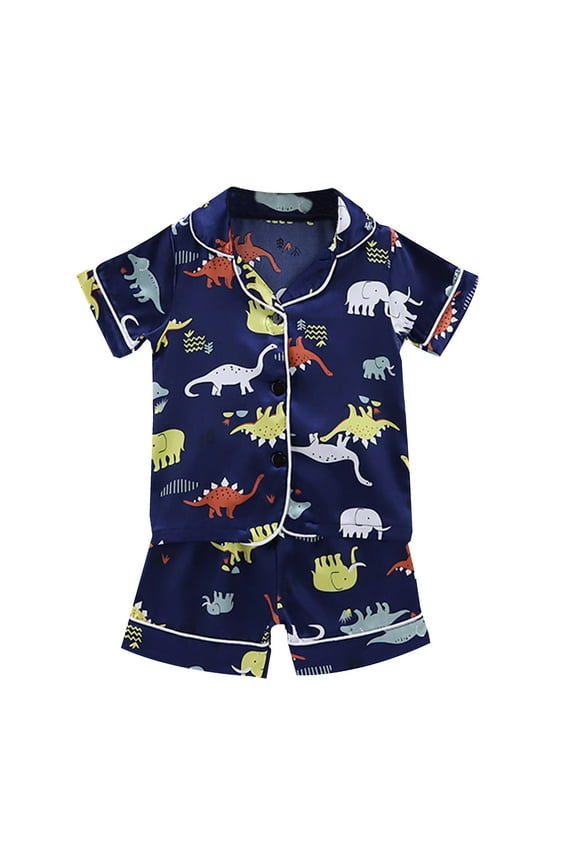 Toddler Boy Silk Pajamas 2 Piece Kids Satin Pajamas Sets Baby Boy Girl Button Down Silk Sleepwear 2 Piece Short Sleeve Loungewear Clothes Set Dark Blue,4-5 Years