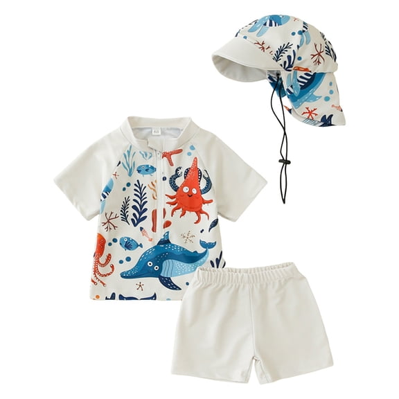 Zanarzt Toddler Boys Bathing Suit with Rash Guard Baby Toddler Boys Two Pieces Swimsuit Set Swimwear Bathing Suit Rash Guards with Hat UPF 50+ White,3-4 Years