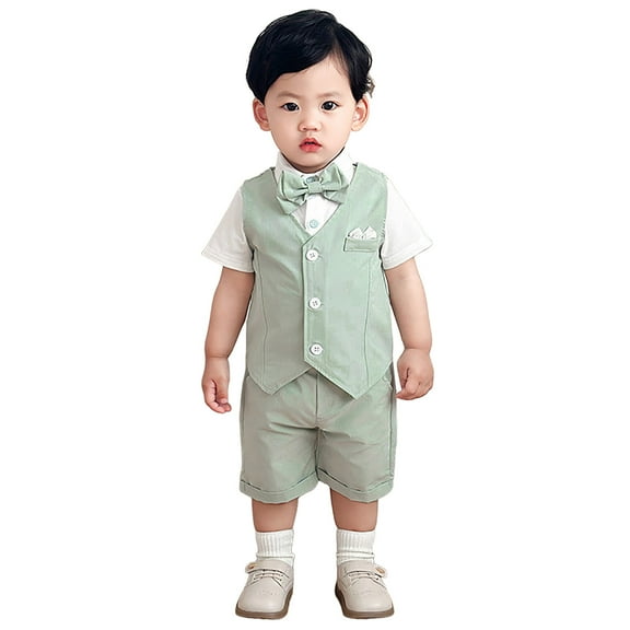 Zanarzt Toddler Boys Gentleman Outfit 4Pcs Summer Boys Suit Kids Dress Clothes Shirt Vest Shorts Bow Tie Wedding Outfit Light Green,9-12 Months