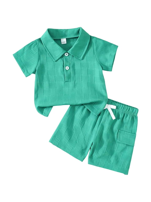 Toddler Dress Shirt Baby Boy Clothes Baby Boy Outfits Baby Boy Summer Clothes Cotton Linen 2 Piece Set with Button Down Shirt and Shorts Green,18-24 Months
