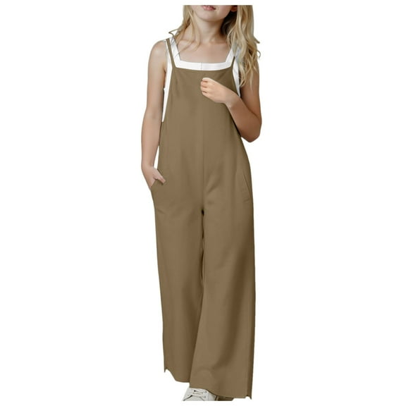Zanarzt Toddler Girl Casual Jumpsuit Girl's Jumpsuits Sleeveless Round Neck Wide Leg One Piece Rompers Little Kid Big Kids Brown,13-14 Years