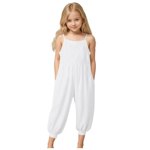 Zanarzt Toddler Girl Jumper Romper Toddler Baby Girls Jumpsuit One Piece Romper Sleeveless Strap Summer Outfits Pockets Clothes White,5-6 Years