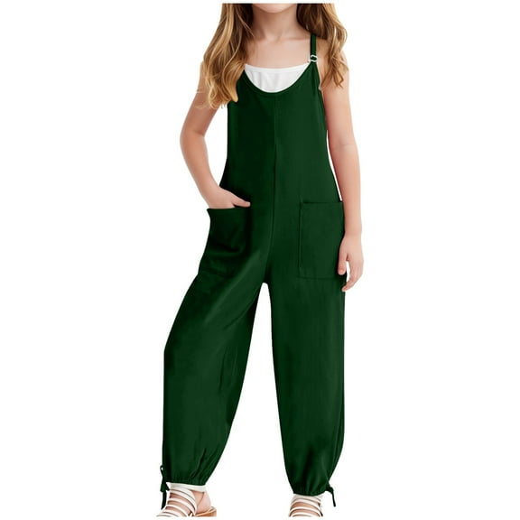 Zanarzt Toddler Girl Jumpsuit Summer Girls Casual Jumpsuits Spaghetti Strap Sleeveless Loose Romper Long Pants with Pockets Kids Clothes Dark Green,9-10 Years