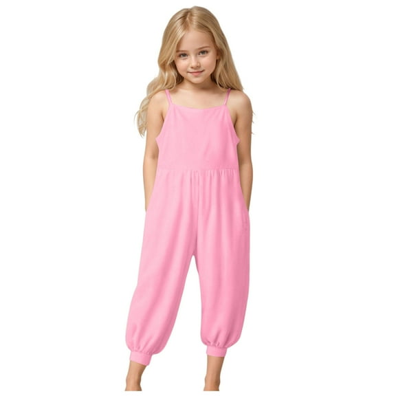 Zanarzt Toddler Girl Jumpsuit Summer Girls' Casual Sleeveless Jumpsuits Spaghetti Strap Loose Romper Long Pants with Pockets Pink,3-4 Years