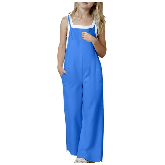 Zanarzt Toddler Girl Jumpsuit Summer Toddler Baby Girls Jumpsuit One Piece Romper Sleeveless Strap Summer Outfits Pockets Clothes Blue,9-10 Years