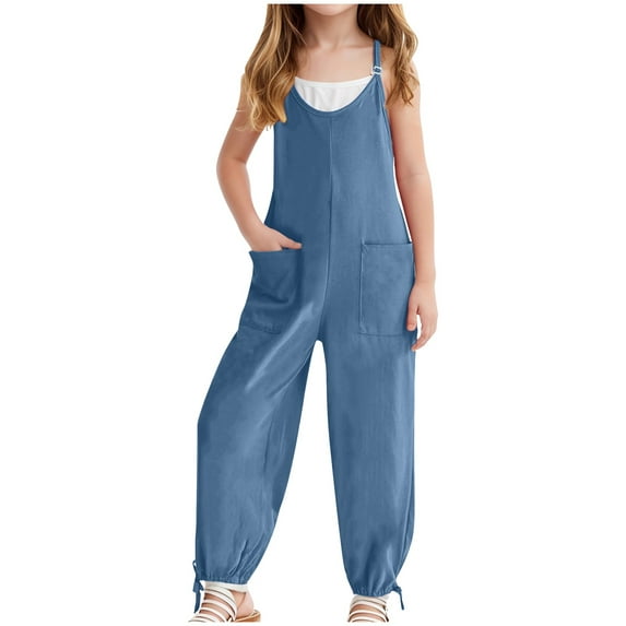 Zanarzt Toddler Girl One Piece Romper Girl's Casual Sleeveless Jumpsuits Spaghetti Straps Long Overalls with Pockets Blue,7-8 Years