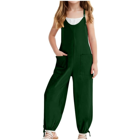 Zanarzt Toddler Girl One Piece Romper Girls Casual Jumpsuits Spaghetti Strap Sleeveless Loose Romper Long Pants with Pockets Kids Clothes Dark Green,11-12 Years