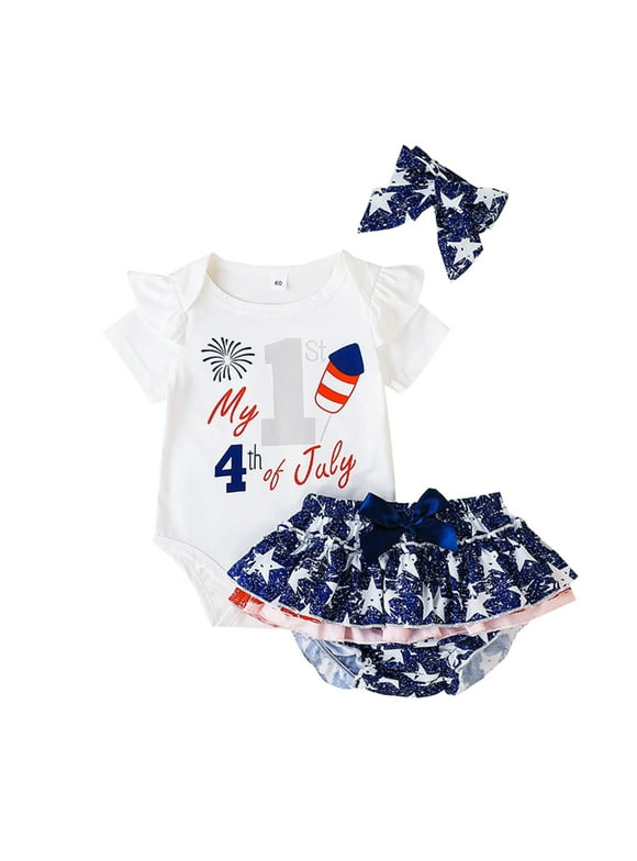 Toddler Girl Outfit Infant Baby Girl 4th of July Outfit Short Sleeve Romper + Ruffle Shorts Set Headband Cute Fourth of July Clothes Blue,9-12 Months