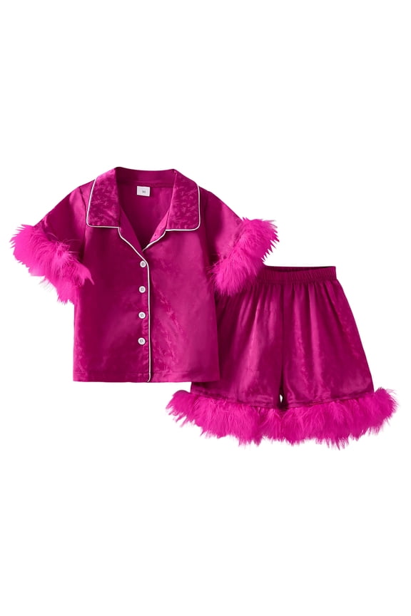 Toddler Girl Silk Pajamas Baby Lapel Button Down Ruffle Satin Silk Pjs Sleepwear Loungwear Clothes Set Hot Pink,3-4 Years