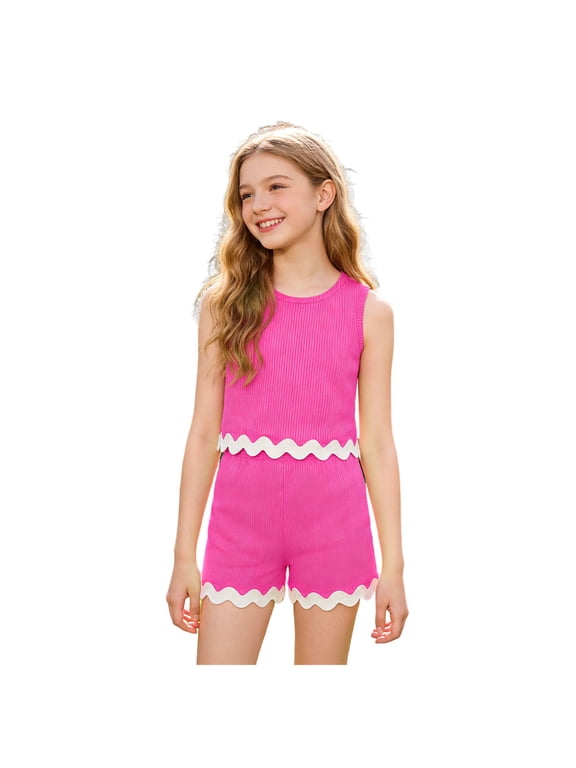 Toddler Girl Summer Clothes Girls Summer Set Fashion Simple Sleeveless Tops and Shorts Two Piece Set Hot Pink,7-8 Years