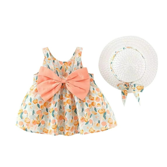 Zanarzt Toddler Girl Summer Clothes Toddler Baby Girl Dress Summer Clothes Outfits Ruffle Sleeveless Bow Dresses Beach Vacation Sundress with Hat 6-12 Months,RD2