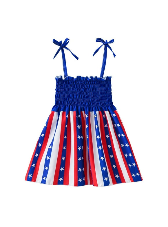 Toddler Girl Summer Outfits 4th Of July Baby Girl 4th Of July Outfit Toddler Girl Dress Flag Print 4Th Of July Sleeveless Toddler Girls Blue,12-18 Months