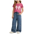 thumbnail image 1 of Zanarzt Toddler Girl Summer Outfits Girls Casual Summer Spring Set Stylish Denim Trousers with Bow Print and Bow Short Sleeve Shirt Hot Pink,6-7 Years, 1 of 9