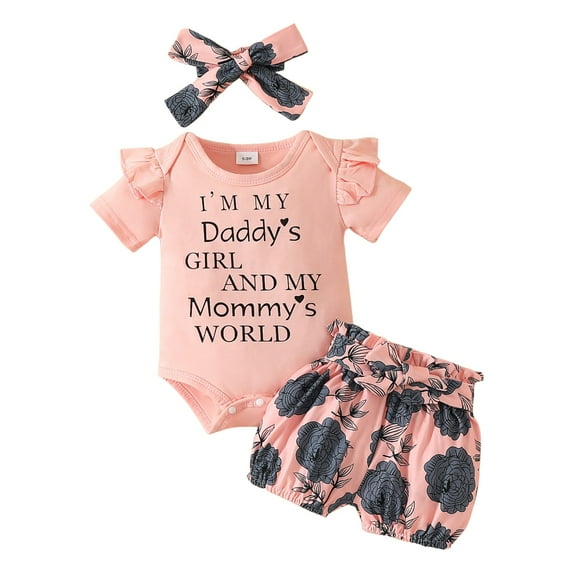 Zanarzt Toddler Girl Summer Outfits Baby Girl Outfits Short Sleeve Romper Floral Shorts Clothes with Headband Light Pink,0-3 Months