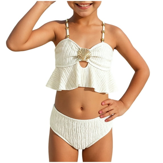 Zanarzt Toddler Girl Swimsuit Toddler Girl Bathing Suit Summer Solid Color Bikini Set Beach Two Piece Swim Wear White,7-8 Years