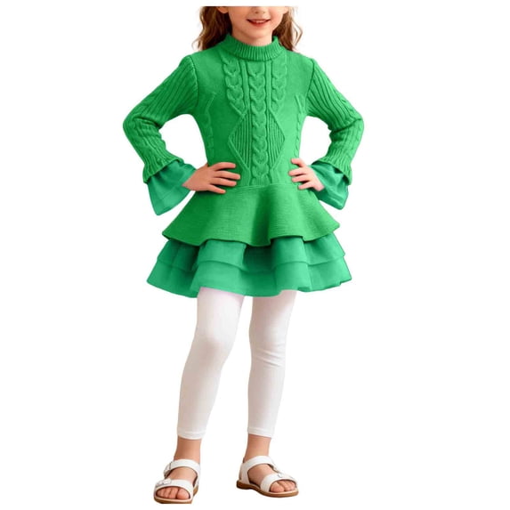 Zanarzt Toddler Girl Tulle Dress Toddler Girls Sweater Dresses Long Sleeve Tutu Sweaters Dress Green,6-7 Years