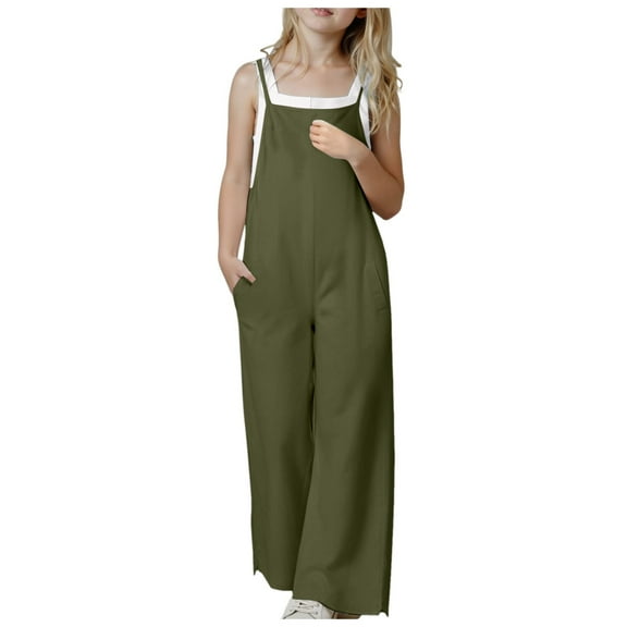 Zanarzt Toddler Girl Wide Leg Jumpsuit Jumpsuits for Girls Casual Sleeveless Loose Spaghetti Strap Summer Rompers Long Pants with Pockets Dark Green,4-5 Years