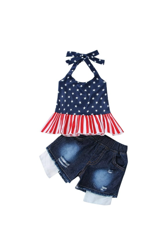 Toddler Girls 4th Of July Outfit Baby Girl 4th Of July Outfits Toddler Independence Day Short Tank Tops Color Block Shorts Set Summer Clothes Blue,18-24 Months