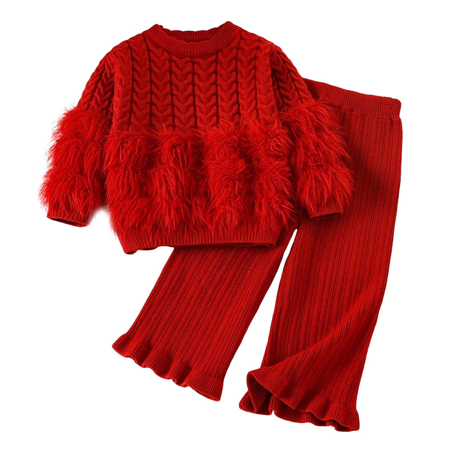 Zanarzt Toddler Girls Clothes Baby Girl Little Girl Top Shirts Pants 2PC Sets for Girls Sweater Flare Wide Leg Pant Cute Outfit Red,4-5 Years