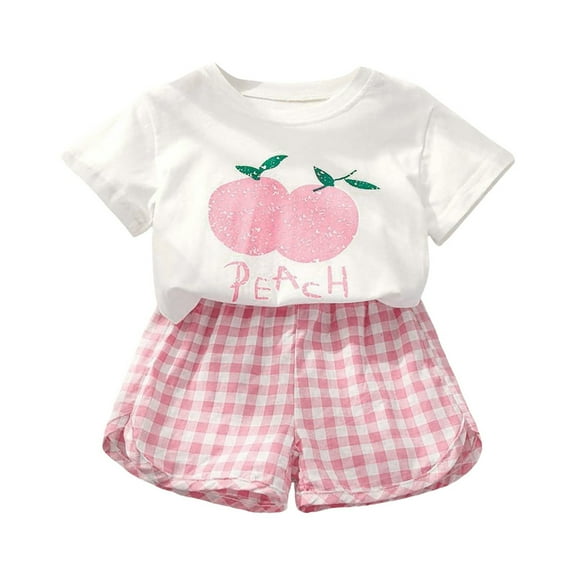 Zanarzt Toddler Girls Clothes Girls Short Sleeve Top Shorts Suit Comfortable Fashion Cartoon Fruit Plaid Print Children Two Piece Suit Pink,18-24 Months