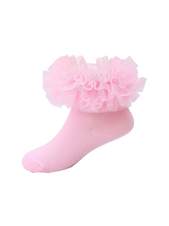 Toddler Girl Dress Socks with Ruffles Ruffle Socks for Toddler Baby Girls Double Frilly Lace Dress Socks Kids Ankle Tutu Socks Pink,4-6 Years