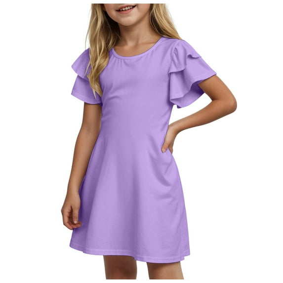 Zanarzt Toddler Girls Summer Dresses Girls Summer Short Sleeve Dress A Line Swing Basic Twirl Party Dresses Purple,7-8 Years