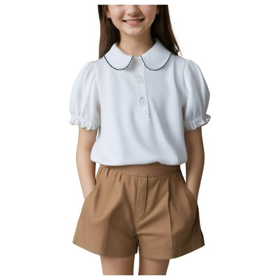 Zanarzt Toddler Girls Summer Tops Teen Girls Cotton Shirts Short Sleeve Button Down Blouses Kids Summer Casual Lightweight Beach Tops White,4-5 Years