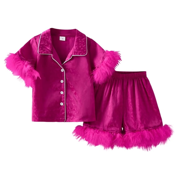 Zanarzt Toddler Girls Valentines Pajamas Little Girls Summer Pajama Sets Short Sleeve Lapel Button Up Shirt Shorts Sleepwear Hot Pink,2-3 Years