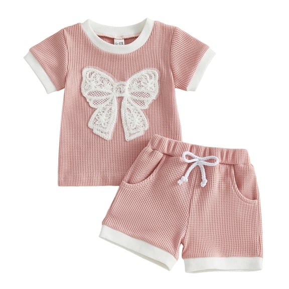 Zanarzt Toddler Outfits for Girls Toddler Baby Girl Clothes Ruffle Short Sleeves T Shirt Tops and Shorts Set Cute Summer Outfits Pink,18-24 Months