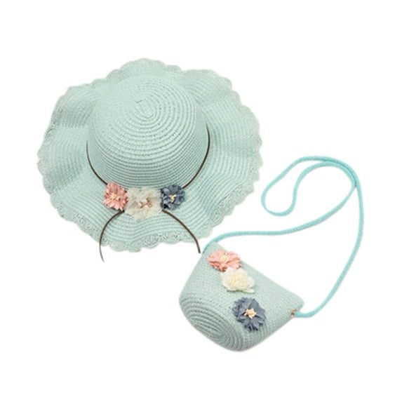Zanarzt Toddler Straw Hat Girls Straw Sun Hat with Flower, Summer Beach Hat, Wide Brim Floppy Hat, Outdoor Sun Protection Hat and Bag for Kids Mint Green,2-8 Years
