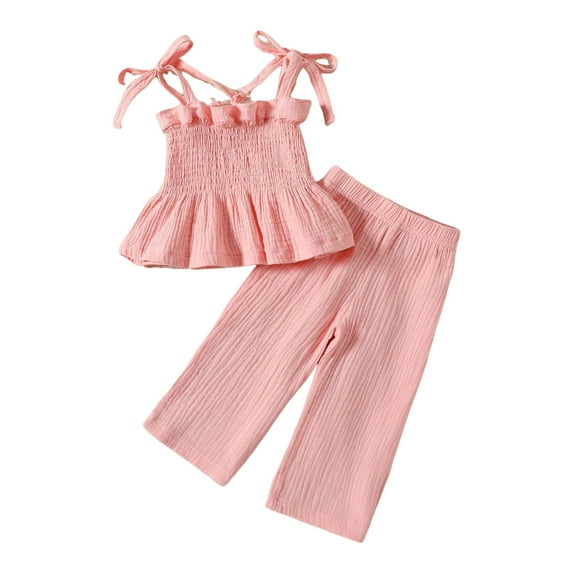 Zanarzt Toddler Summer Clothes Infant Baby Toddler Girls Clothes Solid Color Sleeveless Camisole Linen Pants Set Baby Summer Outfits Pink,9-12 Months
