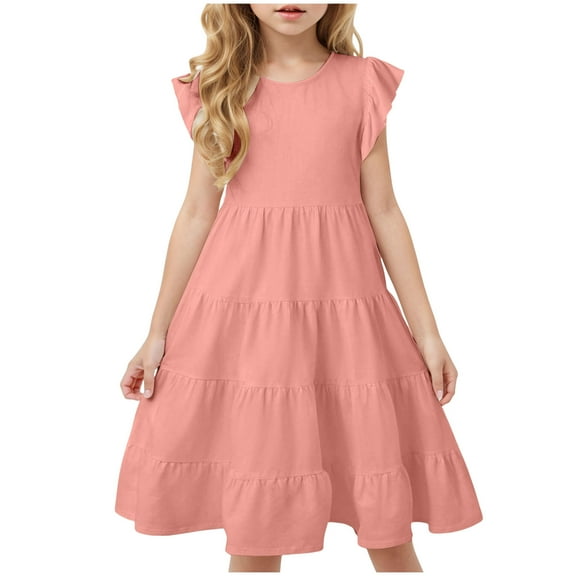 Zanarzt Toddler Summer Dress Cotton Girl's Dresses Cotton Ruffle Sleeve Tiered Swing A Line Cute Midi Casual Sundress Back to School Clothes Pink,8-9 Years
