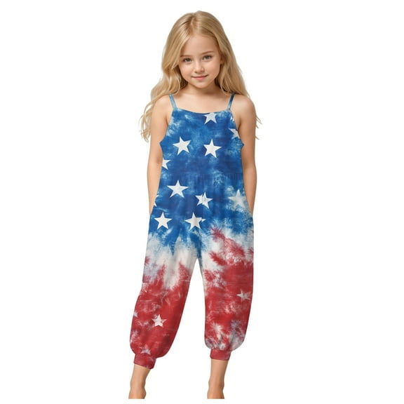 Zanarzt Toddler Summer Jumpsuit Girls Jumpsuits for Girls Casual Sleeveless Loose Spaghetti Strap Summer Rompers Long Pants with Pockets Dark Blue,5-6 Years