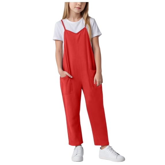 Zanarzt Toddler Summer Jumpsuit Girls Jumpsuits for Girls Casual Sleeveless Loose Spaghetti Strap Summer Rompers Long Pants with Pockets Red,9-10 Years