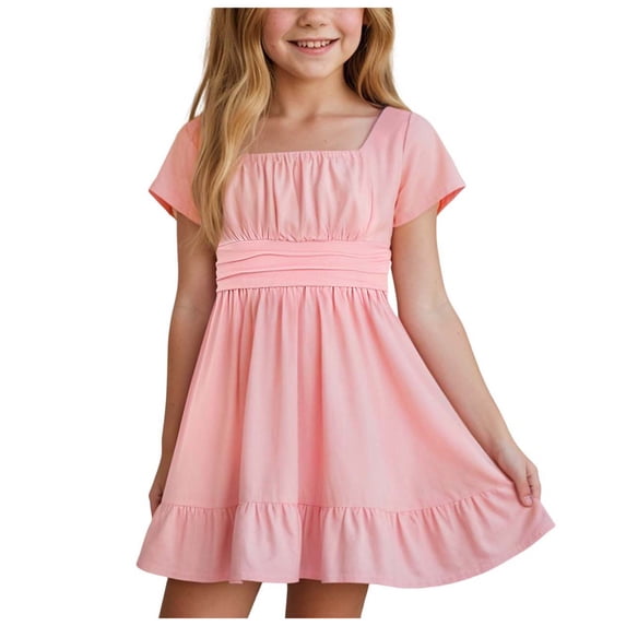 Zanarzt Tween Dress Girls Summer Dresses Square Neck Short Sleeve Backless Ruffle A-Line Party Mini Dress Pink,4-5 Years