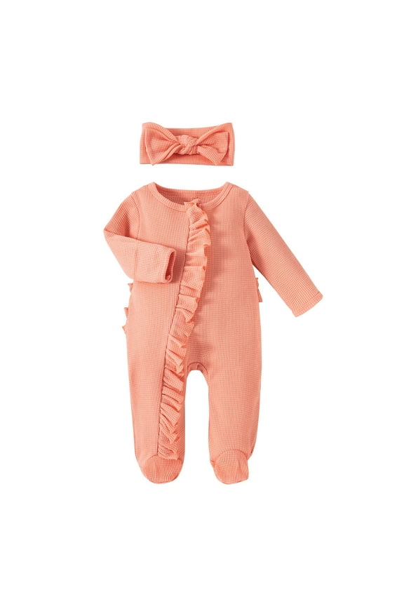 Unisex Baby Cotton Bodysuits Girls Romper Solid Clothes Boys Baby Headband 2PCS Ribbed Jumpsuit Footed Boys Romper Orange,0-3 Months