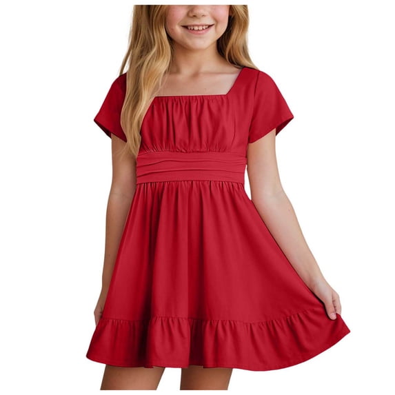 Zanarzt Vacation Dress Girls Summer Dresses Square Neck Short Sleeve Backless Ruffle A-Line Party Mini Dress Red,10-11 Years