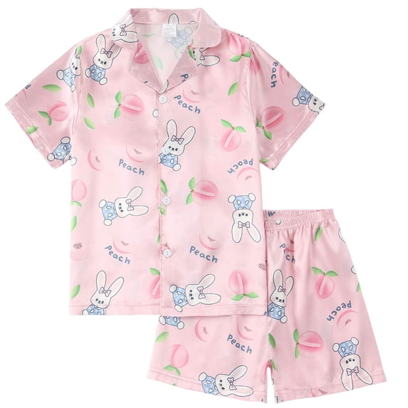 Zanarzt Valentines Day Pajamas Baby Girl Pajamas Set, Soft Satin Lightweight Silk Button Down Top with Shorts 2 Piece PJS for Kids Gifts Blue,5-6 Years