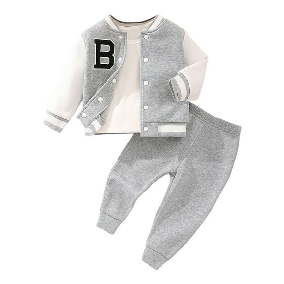 Zanarzt Winter Outfits Boys Long Sleeve Baseball Jacket Suit Comfortable Soft Fashion Casual Matching Jacket Suit Grey,6-9 Months