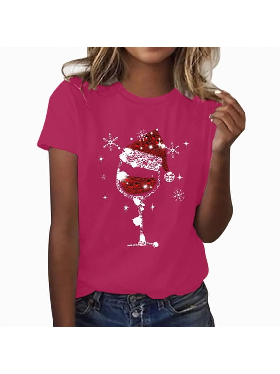 Women Christmas Graphic Shirt Fashion Casual Tops Short Sleeve Crew Neck Tee T Shirt Christmas Print Loose Top,Hot Pink,S