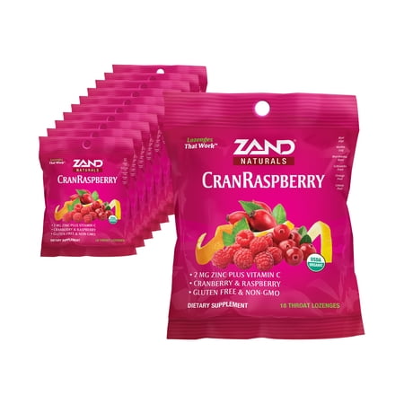 Zand Immunity Organic CranRaspberry HerbaLozenge Throat Drops w/ Vitamin C & Zinc | No Corn Syrup (12 Bags, 18 Lozenges)