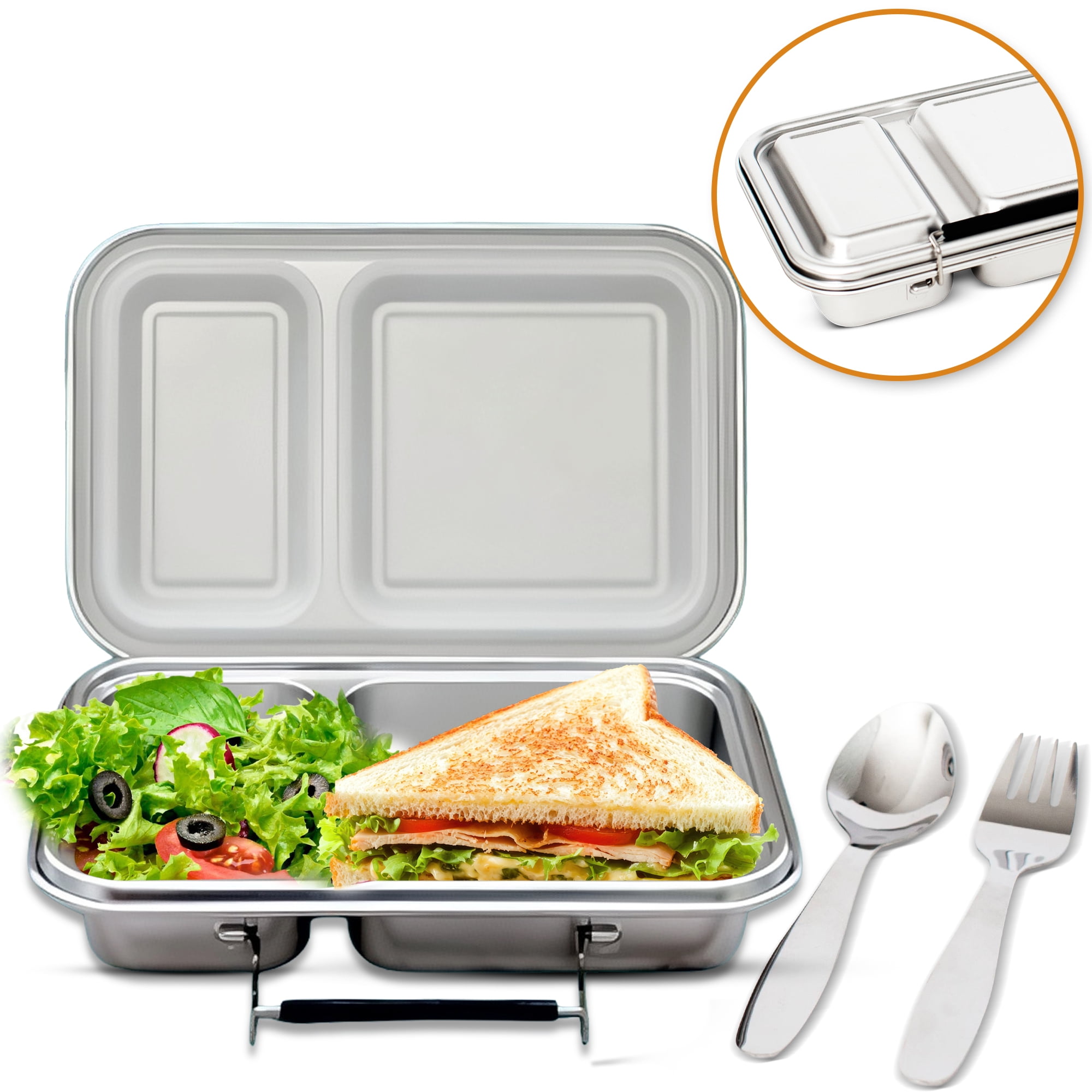 ZandH Global Stainless Steel Bento Lunch Box, 2 Compartments w/Utensils, Leak Resistant and Dishwasher Safe.