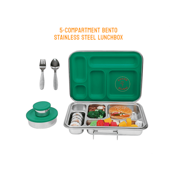 ZandH Global Stainless Steel Bento Lunch Box, 5 Compartments w/Utensils, Soup Bowl and Dressing Bowl, Leak Resistant and Dishwasher Safe.